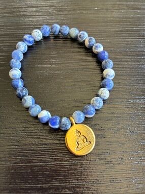 Sodalite Gemstone Beaded Bracelet with Gold Buddha Charm